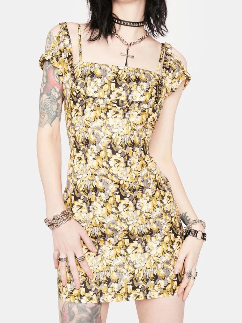 Lioness 90s Brocade Yellow Floral Villa Mini Dress nwt